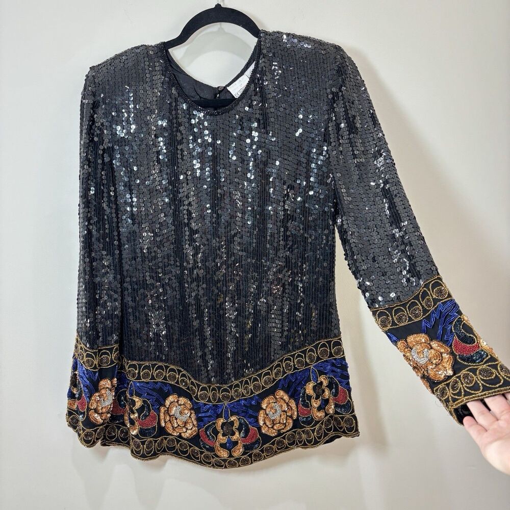 Vintage 90s Silk Sequin Top Women S Black Floral Beaded Glam Sparkle Disco Rave